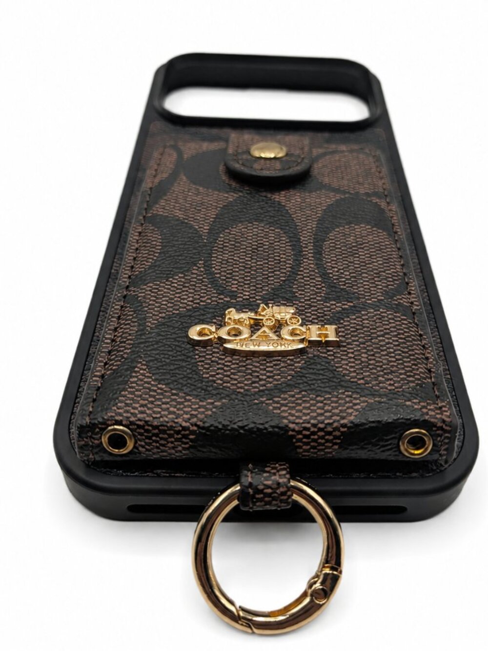 iPhone 17 Pro Max Brown Black Canvas Signature Monogram Wallet Case Gold Logo